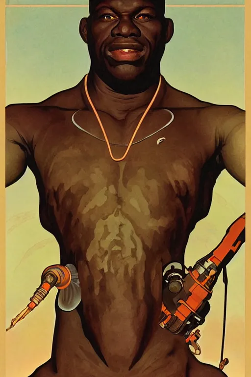 Prompt: upper body portrait of giant african man with a muscular neck wearing a scifi dune spacesuit, nebula in the background, illustration by normal rockwell and alphonse mucha, artstation character concept art