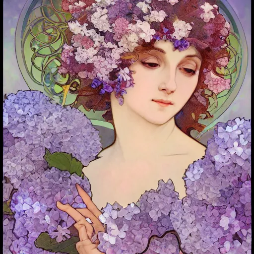 Image similar to lilac hair goddess of light through hydrangeas flowers, soft rose and dried petals, alphonse mucha style, painterly, highly detailed, 8 k,