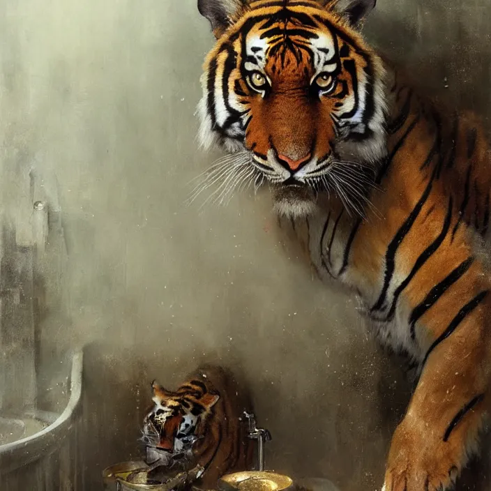 Prompt: fierce tiger stalks it's prey in the steamy bathroom basin, atmospheric lighting, dramatic, intricate painting by greg rutkowski, ruan jia, tom bagshaw