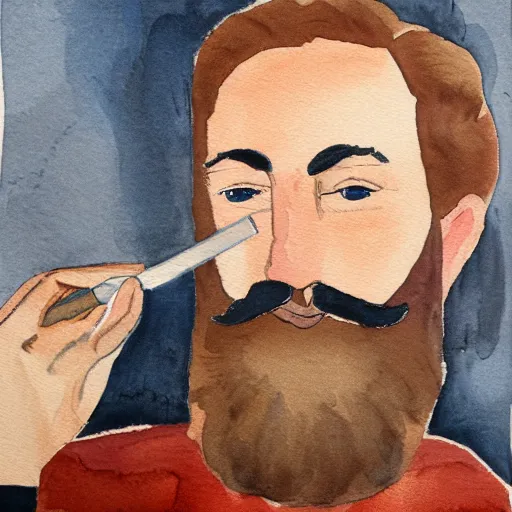 Prompt: Expressionism watercolor portrait of a man with a beard, he is smoking a cigarette, he is wearing a brown sweater