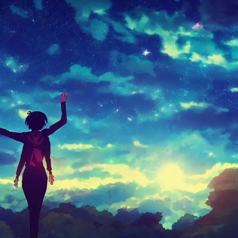 Image similar to a beautiful landscape of a starry sky with an beautiful anime woman waving to the horizon, cinematic, dramatic, color grading, photojournalism, colorful, highly detailed