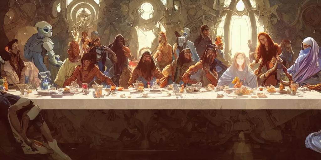 Prompt: the last supper of robots. highly detailed, digital painting, artstation, concept art, smooth, sharp focus, illustration, art by artgerm and greg rutkowski and alphonse mucha and loish and wlop