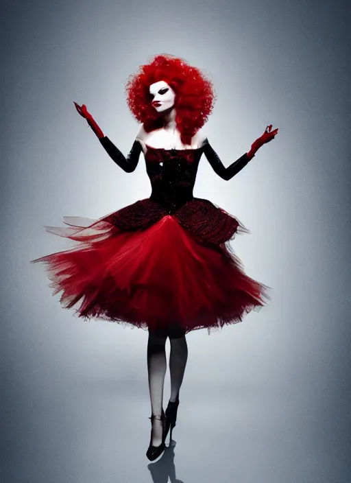 Image similar to a photorealistic dramatic hyperrealistic editorial fashion render of the glamorous red queen from alice in wonderland by alexander mcqueen and lindsay adler, beautiful dynamic dramatic dark moody lighting, shadows, cinematic atmosphere, 8 k