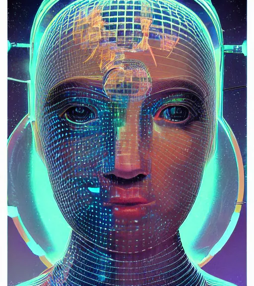 Image similar to hologram of a female face on a backdrop of data, Industrial Scifi, detailed illustration, character portrait, by Martin Grip and Moebius