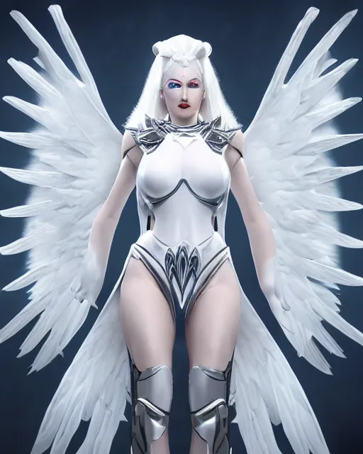 Prompt: perfect white haired attractive egyptian goddess with huge white dove wings, warframe armor, beautiful, symmetric, marilyn monroe, half asian, pretty face, blue eyes, detailed, scifi platform, laboratory, experiment, 4 k, ultra realistic, epic lighting, android body, illuminated, cinematic, masterpiece, art by akihito tsukushi, voidstar
