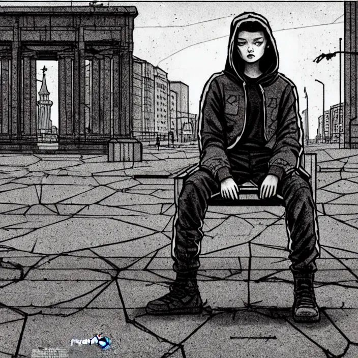 Image similar to storyboard : sadie sink in hoodie sits on bench in ruined square, pedestrians walk by, soviet monument and propaganda posters. scifi cyberpunk. by gabriel hardman. cinematic atmosphere, detailed and intricate, perfect anatomy