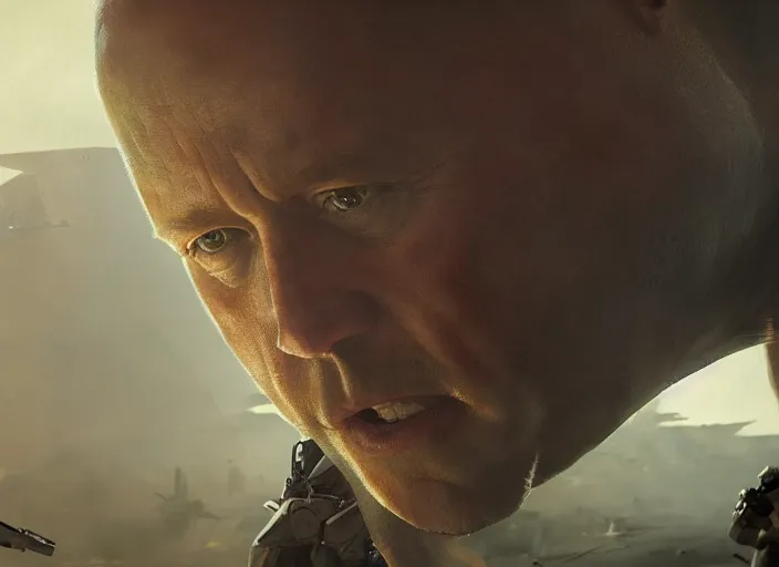 Image similar to close up cinematic artwork of Alex Jones staring down the enemy on the battlefield by Greg Rutkowski, 4k, masterpiece