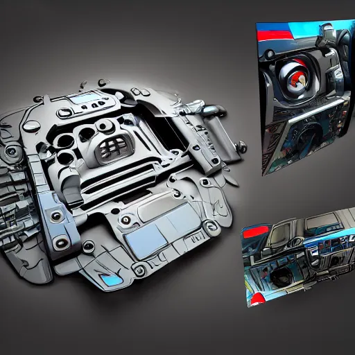 Image similar to car engine, car parts concept, card, comic page, system shock, ui card, Octane render