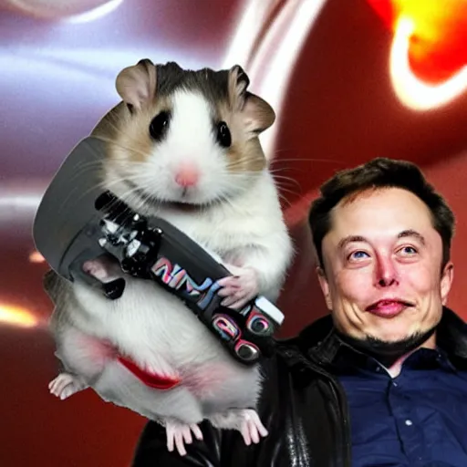 Image similar to elon musk riding a mecha hamster