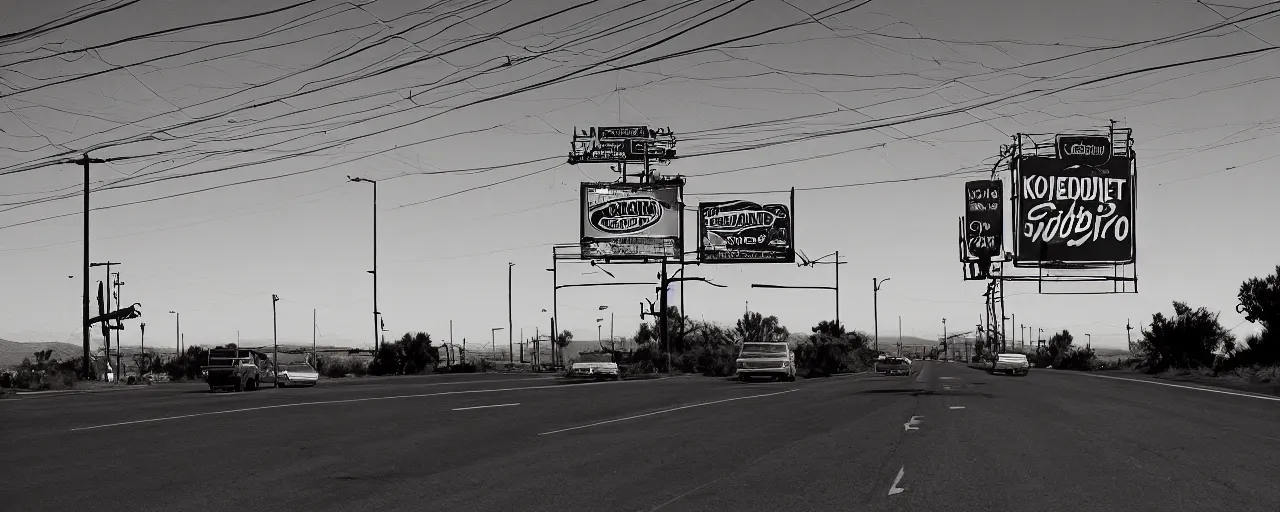 Image similar to spaghetti billboard advertisement, highway 5 0, arizona, sunset, canon 2 0 mm, f 1. 8, kodachrome, in the style of wes anderson