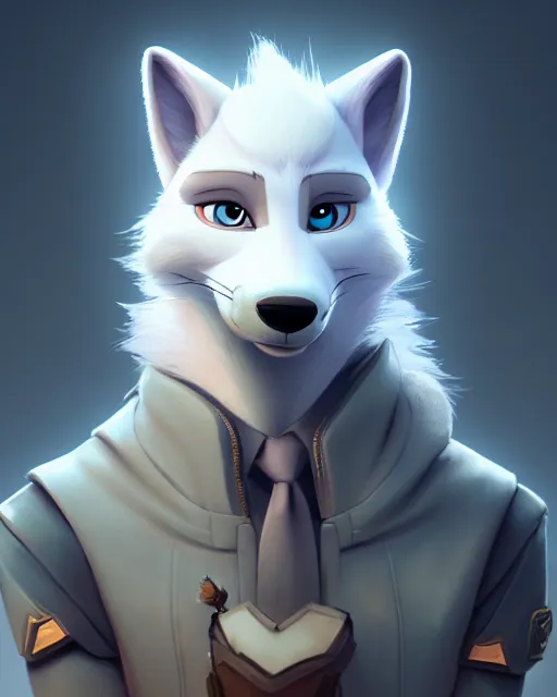 Image similar to portrait of cute male anthropomorphic white wolf in the style of zootopia in cyberpunk city, volumetric light, artstation, concept art, 8 k, high detail, perfect