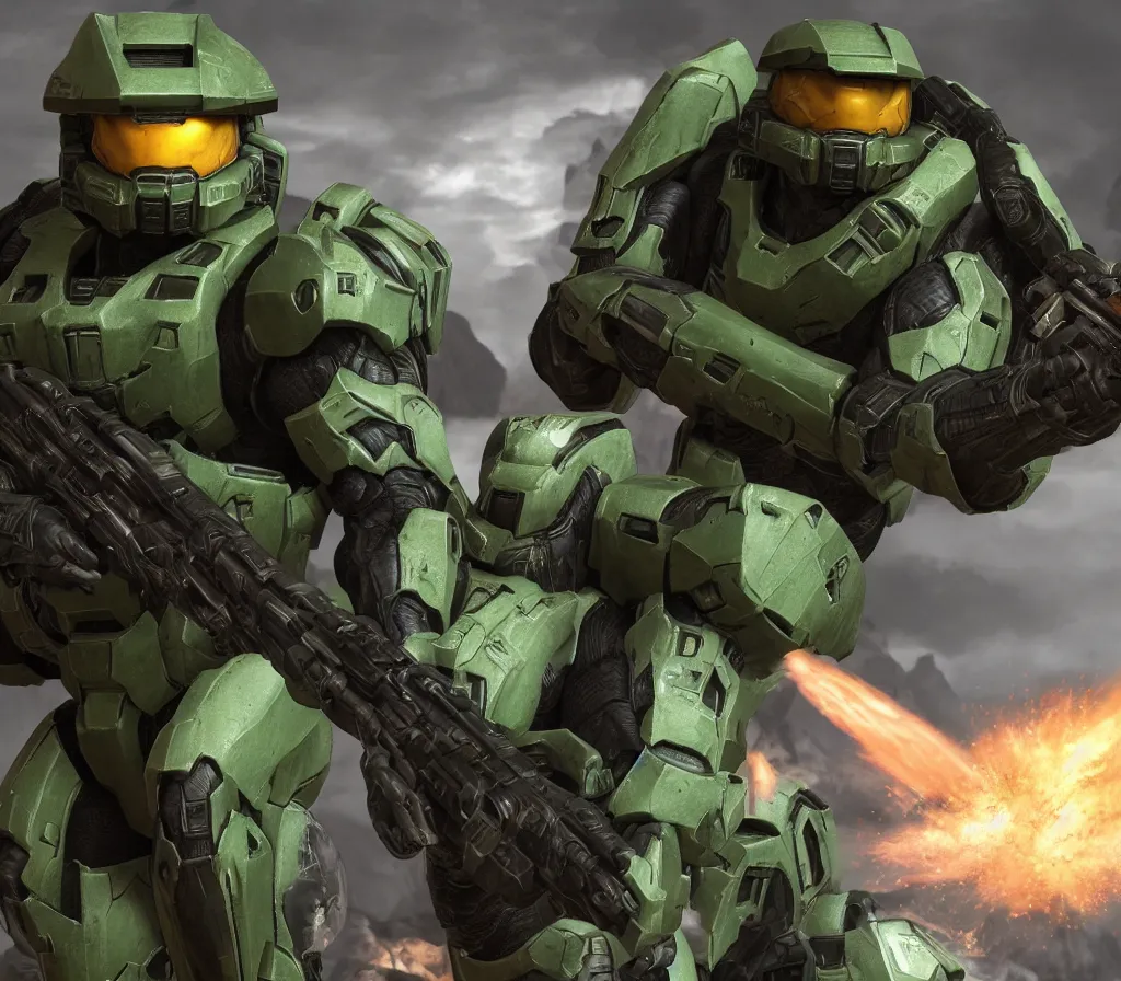 Prompt: Master Chief from Halo meeting Doomguy from Doom, cinematic, highly detailed, 4k