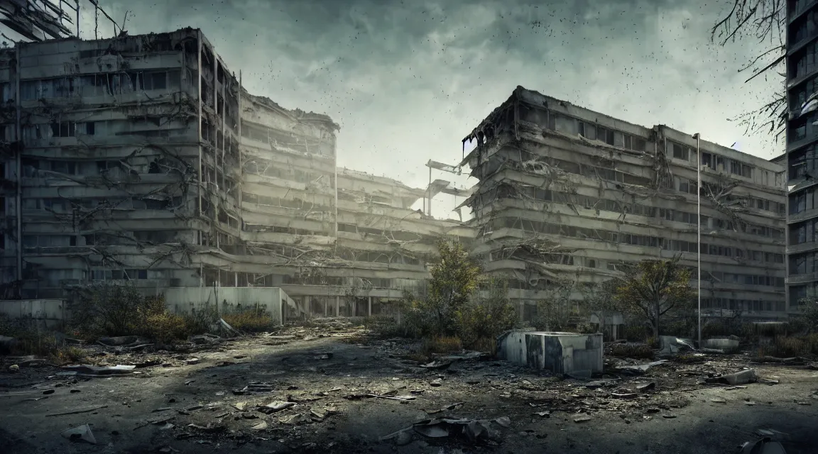 Prompt: post apocalyptic hospital building, morning, building, avenue, modern contemporary urban americana concrete architecture, by pascal blanche, neil blevins, apocalyptic color palette, trending on artstation, photorealistic, wilderness ambiance, ultra detailed, high definition, depth of field, bokeh, rubble, wild vegetation, blood stains, building crumbling, human silhouettes