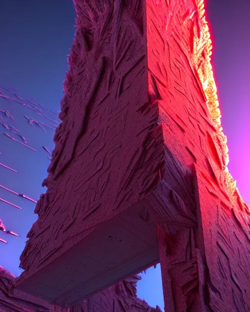 Image similar to futuristic sci fi exterior crystal jagged textured obelisk structures made out of red mandelbulb glowing crystal energy on the nuclear reactor unreal engine volumetric lighting subsurface scattering