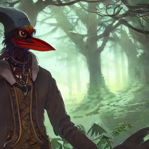 Image similar to concept art painting of an anthropomorphic crow person with steampunk clothes, in the deep forest, realistic, detailed, cel shaded, in the style of makoto shinkai and greg rutkowski and james gurney