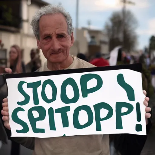 Image similar to of an environmentalist holding up a plastic sign saying stop using oil now photorealistic