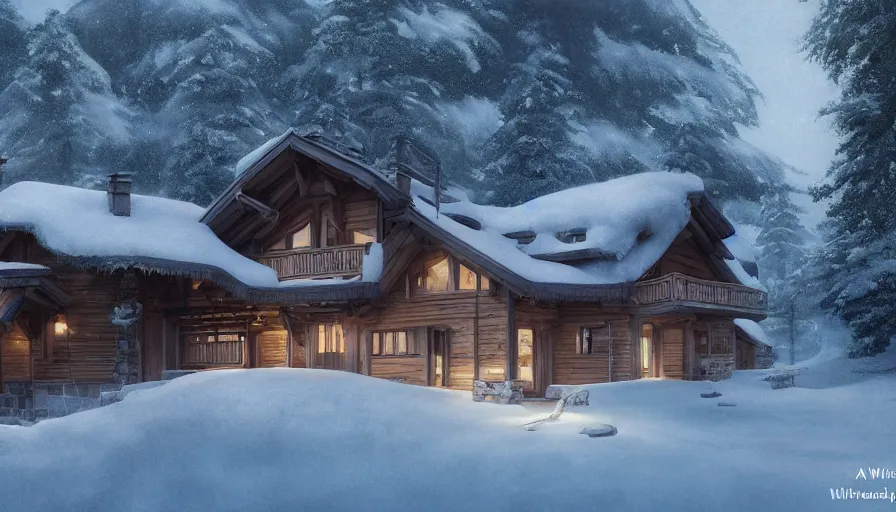 Image similar to A highly detailed matte painting of Modern chalet built in the snowy mountains, by Studio Ghibli, Makoto Shinkai, by Artgerm, by WLOP, by Greg Rutkowski, volumetric lighting, octane render, 4K resolution