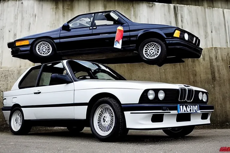 Image similar to Angry Jason Statham lifts BMW e30 that sits above him