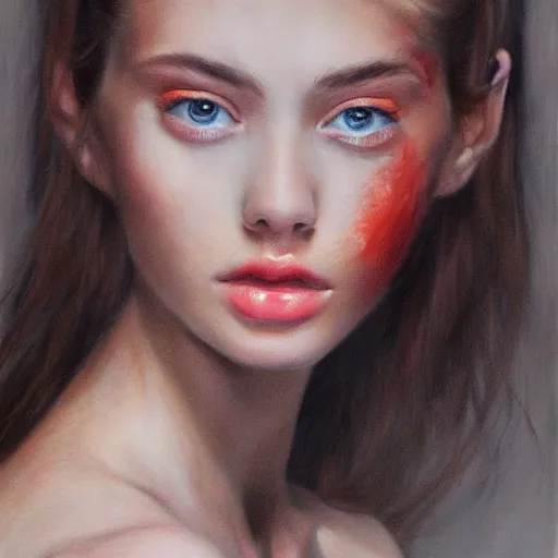 Image similar to hyperrealism matte oil painting, fashion model portrait roses in eyes