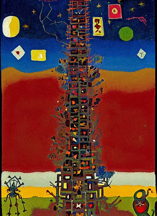 Image similar to pixel decollage painting tarot lovers card composition tower of babel road red armor maggot bear and wonky alien frog skeleton knight on a horse in a dark red cloudy night sky with golden foil jewish stars and diamonds, mountain lake and blossoming field in background, painted by Mark Rothko, Helen Frankenthaler, Danny Fox and Hilma af Klint, pixelated, neo expressionism, semi naive, pastel colors, cinematic, color field painting, cave painting, voxel, pop art look, outsider art, minimalistic. Bill Traylor painting, part by Philip Guston, Amano and Francis Bacon. art by Adrian Ghenie and Storm Thorgerson, very coherent symmetrical artwork, cinematic, hyper realism, high detail, octane render, unreal engine, Smooth gradients, depth of field, full body character drawing, extremely detailed, 8k, extreme detail, intricate detail, masterpiece