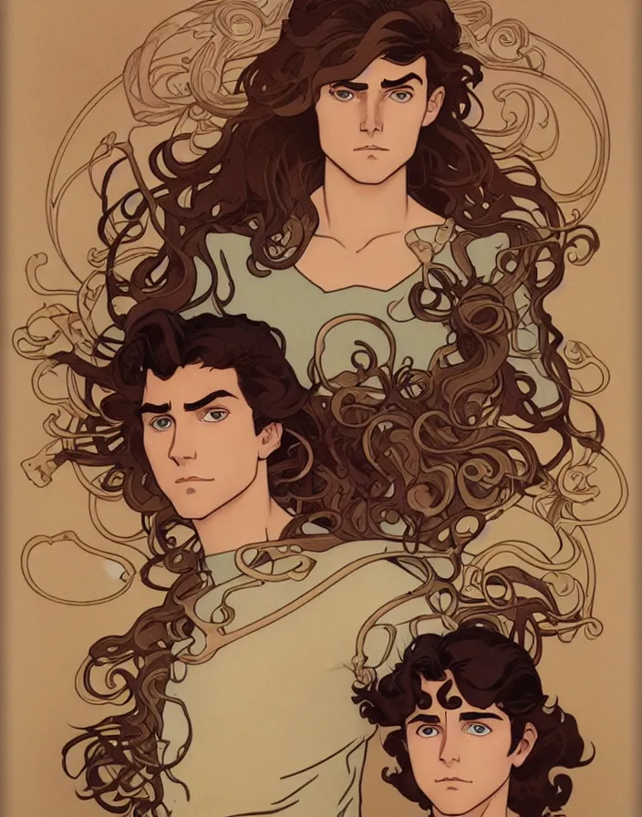 Image similar to art nouveau portrait of a young super hero with curly light brown hair, brown eyes, serious facial expression, gloomy mood, angry, t - shirt, natural lighting, path traced, highly detailed, high quality, cartoon, digital painting, by don bluth and ross tran and studio ghibli and alphonse mucha