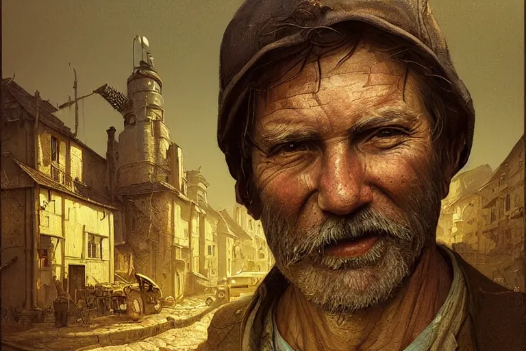 Image similar to A solarpunk very highly detailed farmer with very highly detailed face on the street of a very highly detailed smooth solarpunk city digital rational painting art by Greg Rutkowski, sci-fi highly detailed, digital concept art, Dimensional cyan gold natural light, sharp focus, Golden Ratio illustration, realistic concept art by Stephen Hickman and James Gurney and Hiromasa Ogura Ghost in the Shell rendered in Octane Render, From the distance