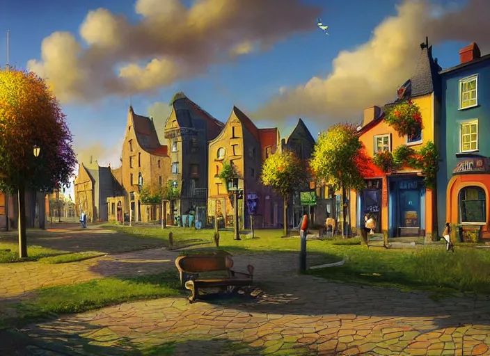 Prompt: dublin townsquare, summer morning, very coherent and colorful high contrast, art by gediminas pranckevicius, dark shadows, hard lighting