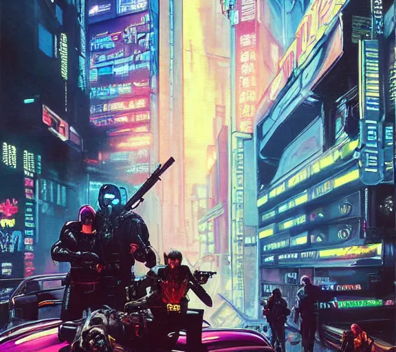 Image similar to a portrait of a cyberpunk epic Friday night firefight, Night City, cyberpunk 2077, very very coherent painting, 1979 OMNI Magazine Cover, street level neo-Tokyo in Cyberpunk 2045 style by Vincent Di Fate by mark arian by artgerm, 4k, 8k, HD, trending on artstation
