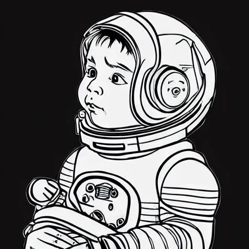 Prompt: clean simple line art of a cute little boy with short straight hair. he is dressed as an astronaut. no background. well composed, clean coloring book page, beautiful detailed face. coloring book line art by artgerm and greg rutkowski and johanna basford and alphonse mucha