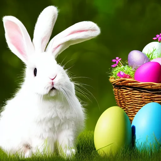 Prompt: cute fluffy white lop eared bunny rabbit sitting in meadow of spring flowers with easter eggs detailed painting 4k