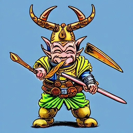 Image similar to “dnd dwarf with horned helmet, by akira toriyama, full of colors”