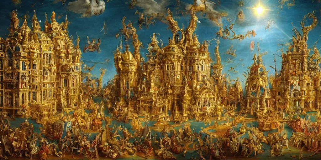 Prompt: beautiful ornate heavenly gold rococo megastructure in the style of heironymus bosch, colorful light intricate masterpiece, hyper detailed, hd