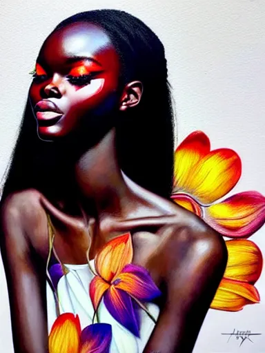 Image similar to portrait of duckie thot with a floral background : : painted by artgerm, karol bak, artur bordalo, sandra chevrier : : portrait, character, illustration, hyperrealism, photorealism,