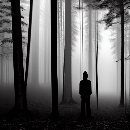 Image similar to shadow people in forest, staring at camera glowing white eyes, hyperrealistic, 8k, extremely detailed, black and white, foggy, grainy, very old