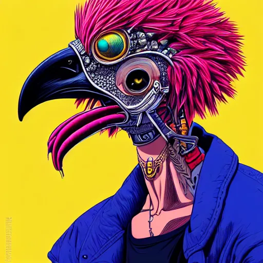 Image similar to portrait painting of a punk chicken - headed cyborg, sharp focus, award - winning, trending on artstation, masterpiece, highly detailed, intricate. art by josan gonzales and moebius and deathburger