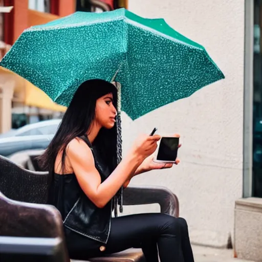 Image similar to modern day cleopatra sitting at starbucks using a phone. modern day julius caesar standing next to her with an umbrella at hand. hyper realistic.