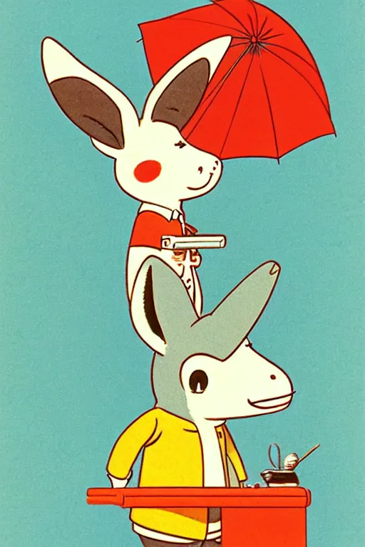 Image similar to by richard scarry. donkey. a 1 9 5 0 s retro illustration. studio ghibli. muted colors, detailed