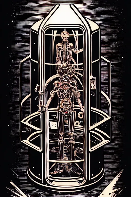 Prompt: steampunk cryo chamber containing a humanoid, high details, intricately detailed, by vincent di fate, inking, 3 color screen print, masterpiece, trending on artstation,, sharp, details, hyper - detailed, hd, 4 k, 8 k