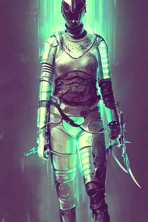 Prompt: female knight, cyberpunk futuristic neon. fencing, long sword in her hand, decorated with traditional japanese ornaments by ismail inceoglu dragan bibin hans thoma greg rutkowski alexandros pyromallis nekro rene maritte illustrated, perfect face, fine details, realistic shaded, fine - face, pretty face, masterpiece