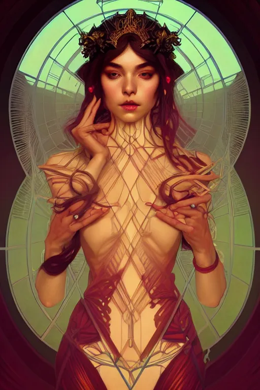 Image similar to symmetry!! intense fanart of 4 / 4 full front pose of a young sensual chaos goddess, protagonist, intricate, elegant, highly detailed, my rendition, digital painting, artstation, concept art, perfect, smooth, sharp focus, illustration, art by artgerm, kilian eng, greg rutkowski and alphonse mucha