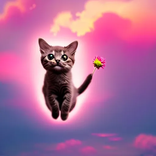 Image similar to very cute and tiny cat with horn sitting on a Dahlia flower flying on a pink cloud, sky background, pixar style, cinematic lightning, award winning creature photography