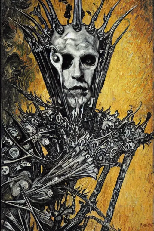 Image similar to The Knight of Bones by Karol Bak, Jean Deville, Gustav Klimt, and Vincent Van Gogh, portrait of a handsome vampire knight in armor, piercing grey eyes, ornate armor covered in thorns, bat wings, ornate dramatic bat wing helmet, hair made of shimmering ghosts, mystic eye, otherworldly, crown made of bones, catacombs, ornate jeweled crown, skulls, fractal structures, arcane, inscribed runes, infernal relics, ornate gilded medieval icon, third eye, spirals