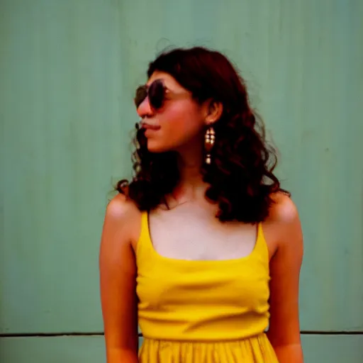 Image similar to portrait photo of a beautiful brown hair woman in a yellow sun dress in downtown Los Angeles, Kodak Portra 400 film