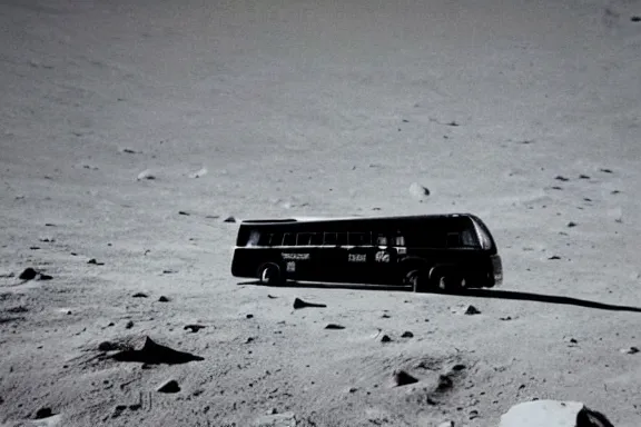 Prompt: a wide angle photo of a bus on the moon