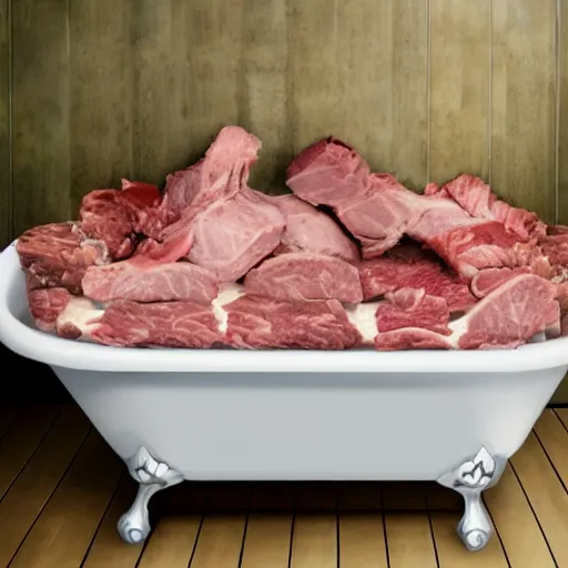 Prompt: a bathtub full of meat surrounded by a hungry family