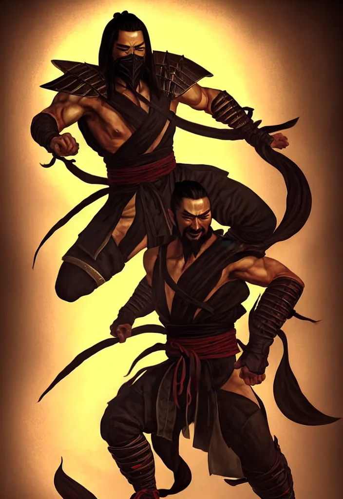 Image similar to full body, full figure portrait of hanzo hasashi scorpion from mortal kombat in the sky, full body shot, camera pulled back far, highly detailed dramatic lighting, artstation, atmospheric perspective, artgerm, mk ninja, epic ninja suit, intense contrast, 3 light sources, by lee bermejo, alphonse mucha and greg rutkowski