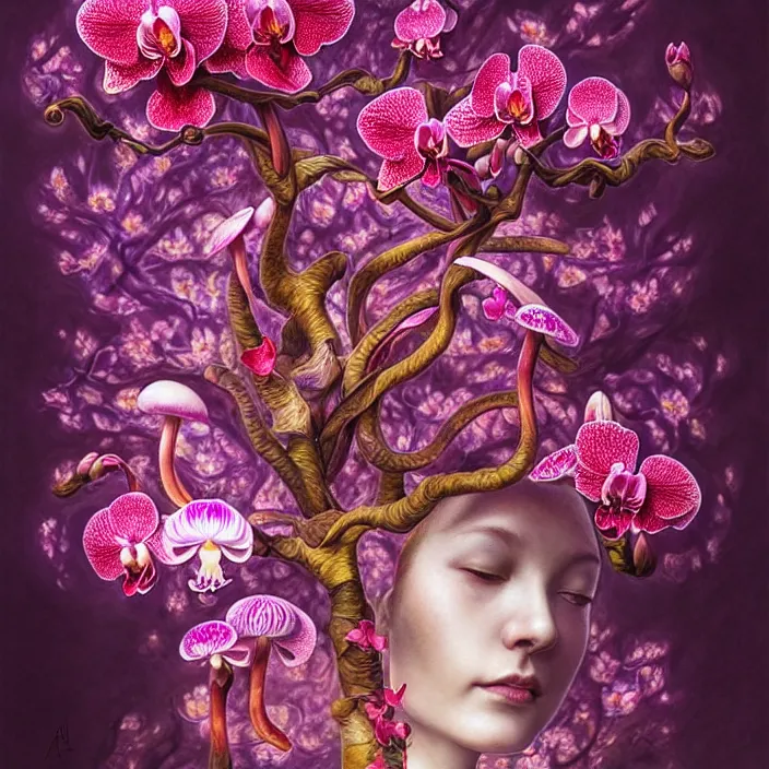 Image similar to extremely psychedelic fetus made of orchid and cherry blossom tree and mushroom, LSD, diffuse lighting, fantasy, intricate, elegant, highly detailed, lifelike, photorealistic, digital painting, artstation, illustration, concept art, smooth, sharp focus, art by John Collier and Albert Aublet and Krenz Cushart and Artem Demura and Alphonse Mucha