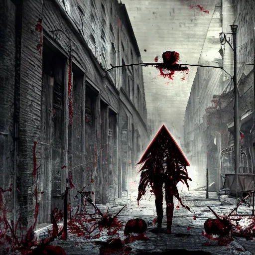 Prompt: pyramid head from silent hill in a street full of zombies, 4k. high detail, high-resolution photograph