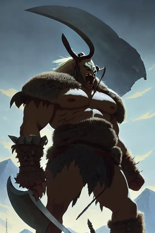 Image similar to orc barbarian wearing leather armor, full body shot, exquisite details, earth magic, mid view, design on a white background, by greg rutkowski, makoto shinkai, takashi takeuchi, studio ghibli