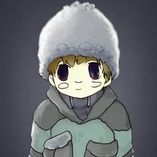 Image similar to little boy wearing sheep suit. white, gray, blue, green and brown pallet color. made in abyss art style, cute detailed artwork